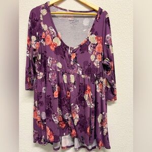 *Torrid Purple Babydoll Super Soft Button-Front 3/4 Sleeve Top Lavender 1X knit